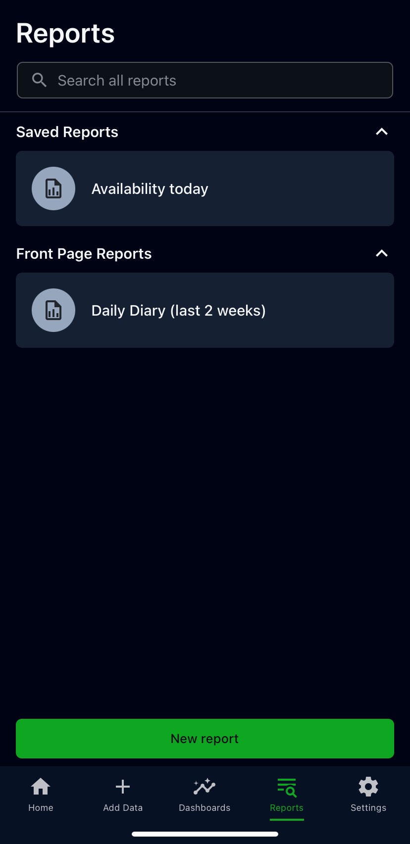 A screenshot of the Reports tab in the mobile app.