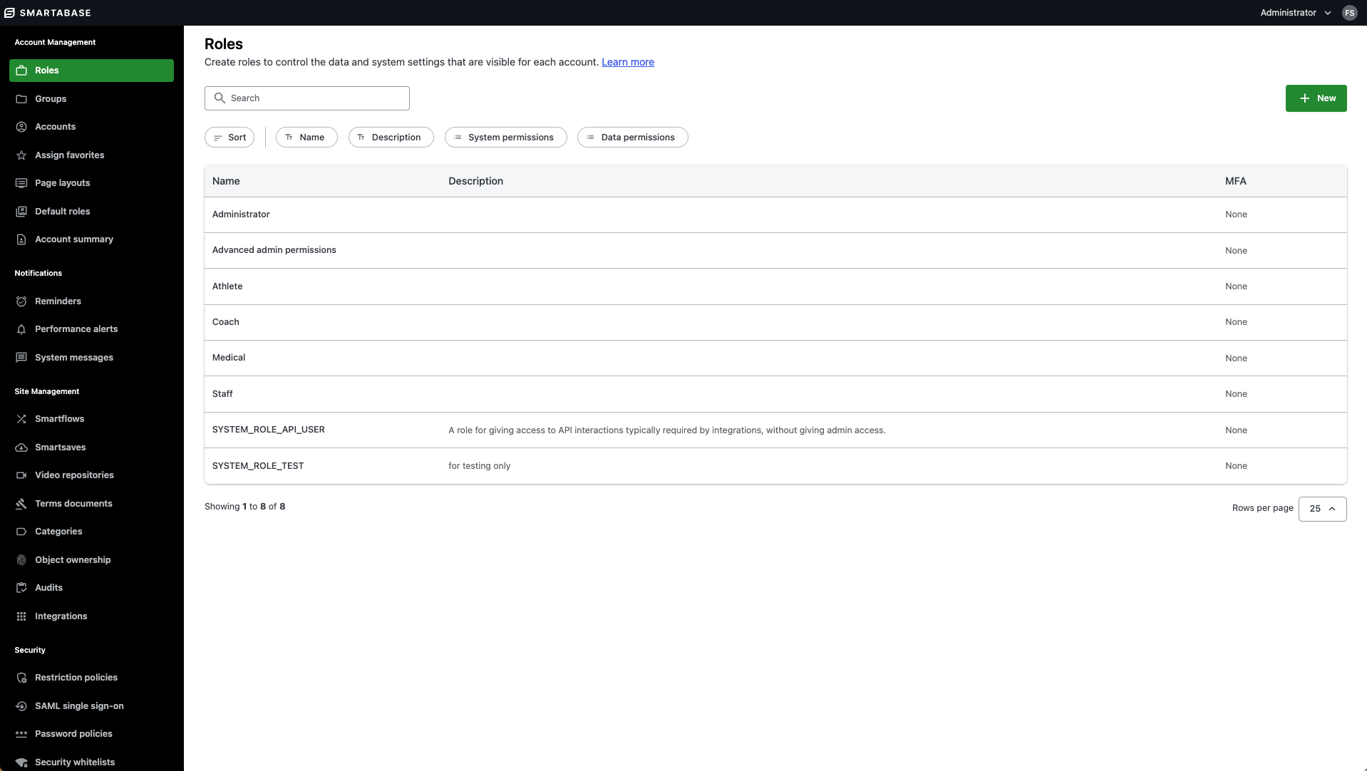 A screenshot of the Roles tool in the administration interface.