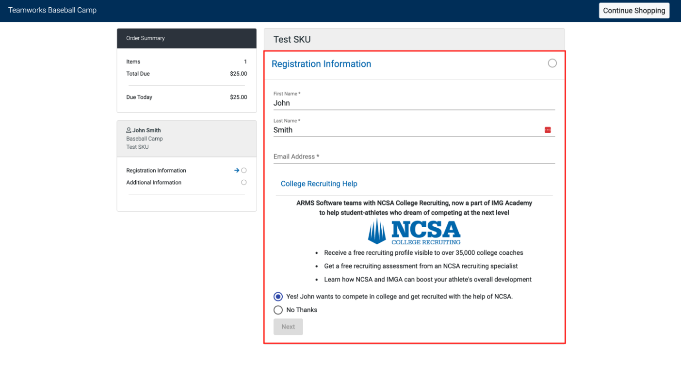 Next College Student Athlete (NCSA) Opt-in Integration