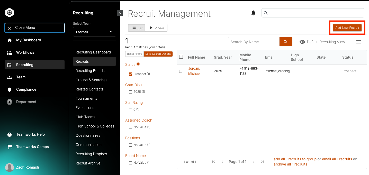 Add Recruits to Compliance + Recruiting