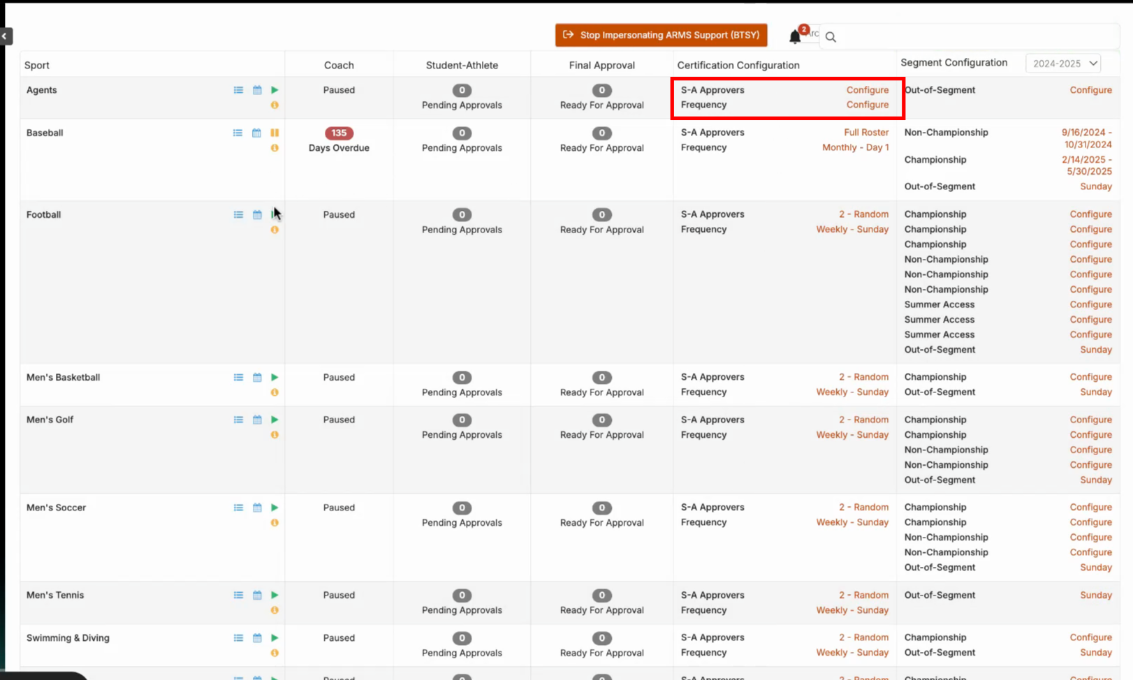 CARA Certification Settings