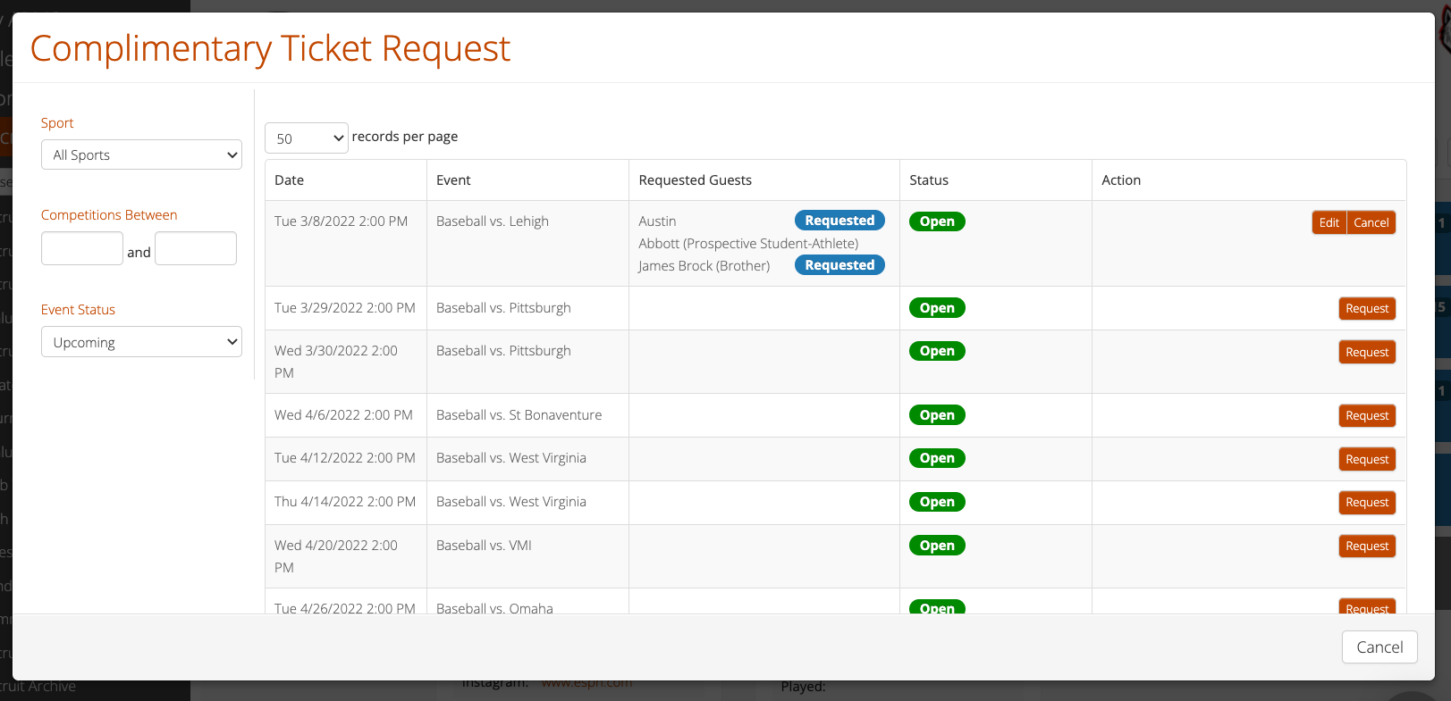 Complimentary Ticket Requests for Recruits