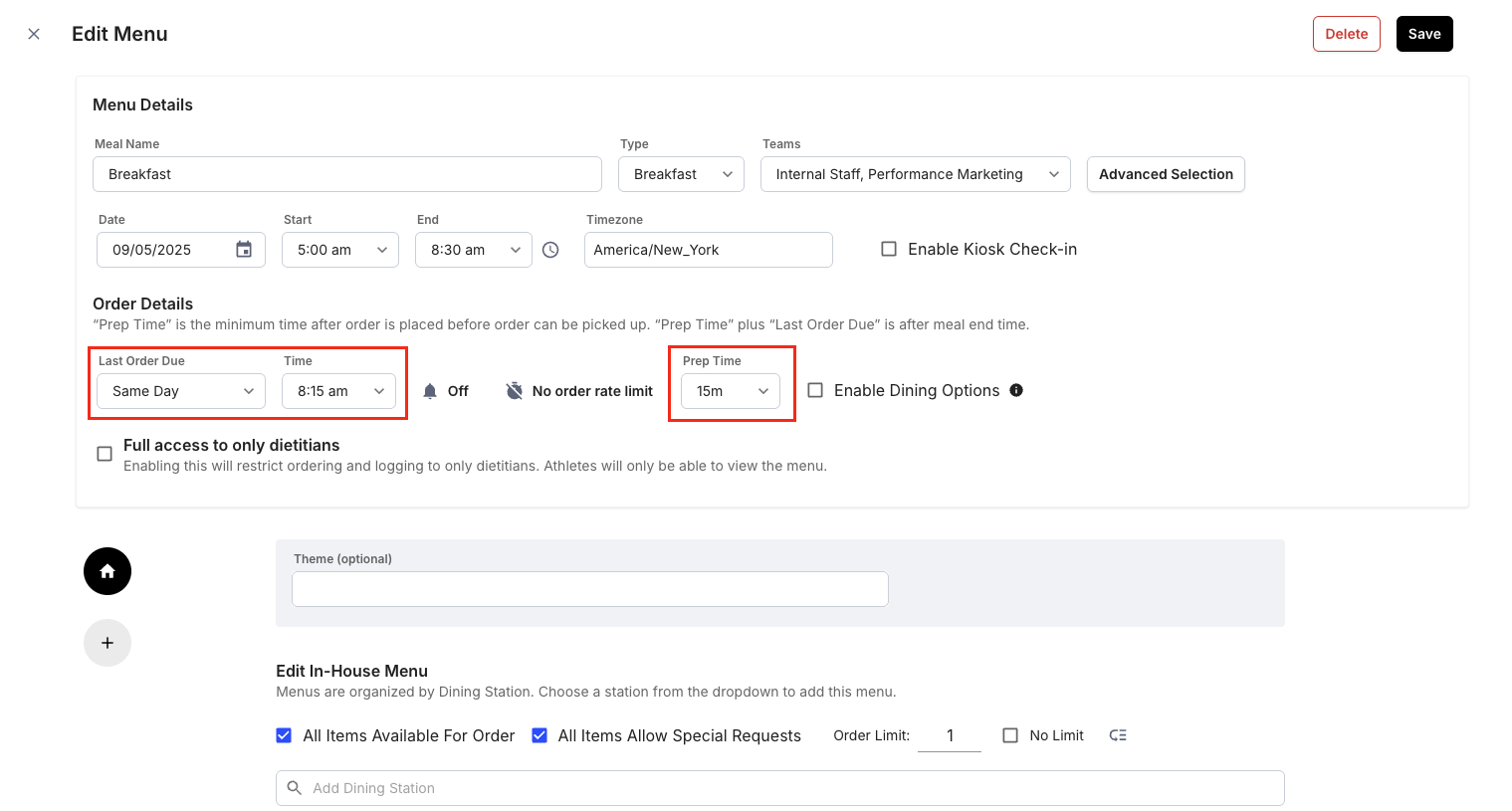 Edit and Bulk Edit Meals in a Published Menu