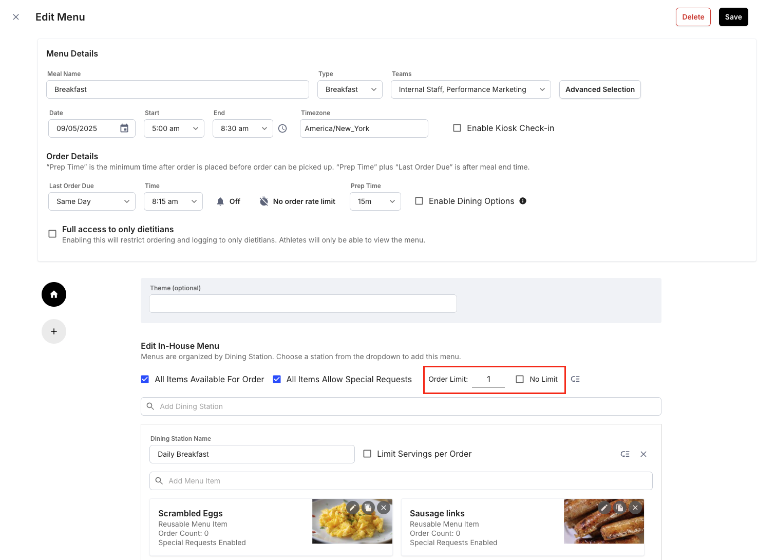 Edit and Bulk Edit Meals in a Published Menu