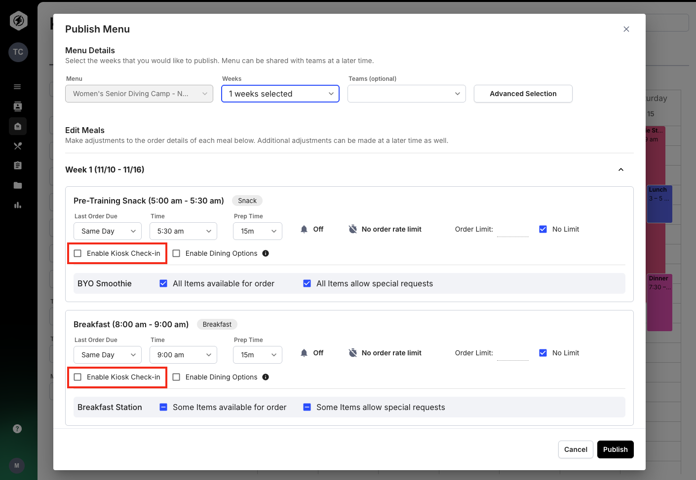 Enable Check-ins for a Meal