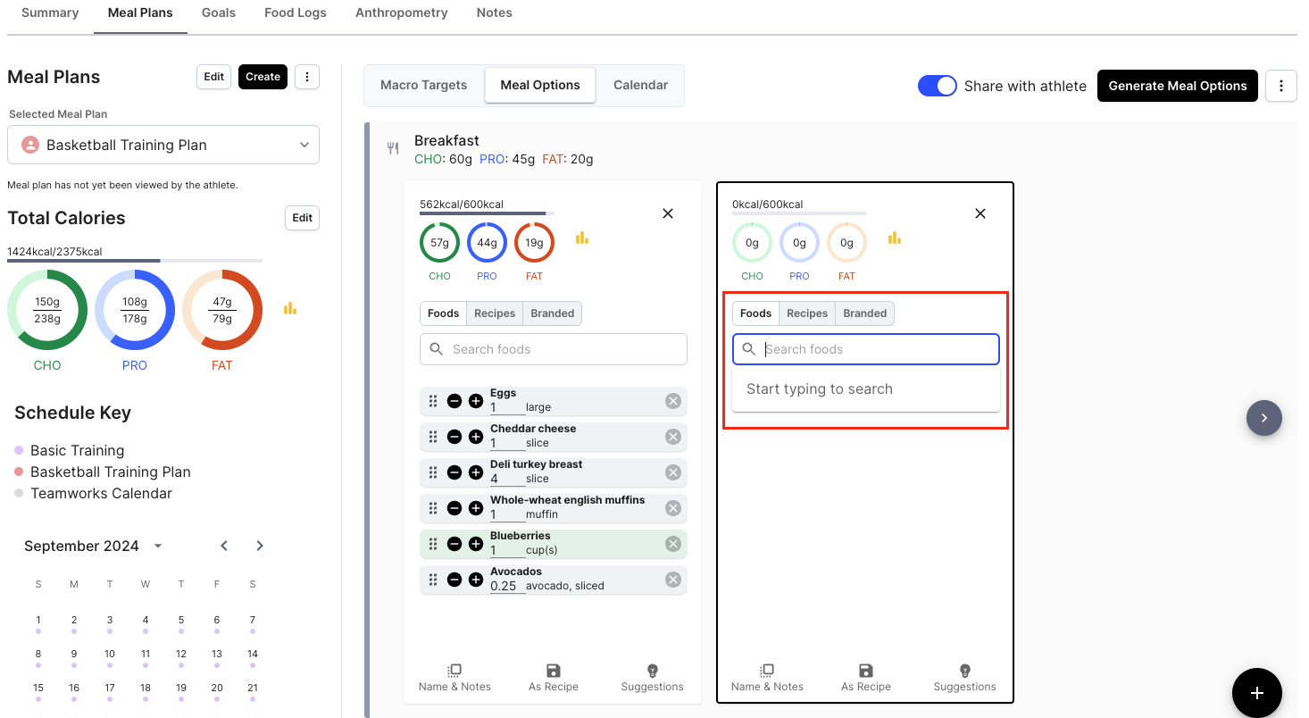 Add Meal Options to a Meal Plan