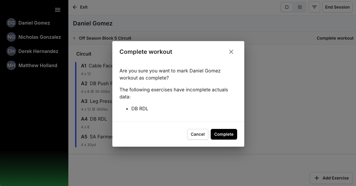 Flag Incomplete Workouts in Tablet Mode
